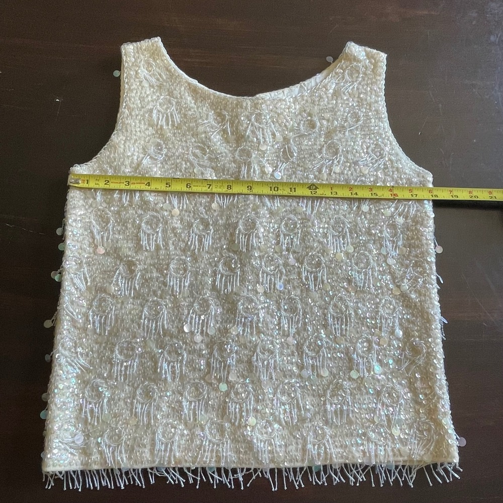 Vintage Wool Sequin Beaded Fringe Top Cream Iridescent Small Flapper Gatsby - Picture 7 of 7